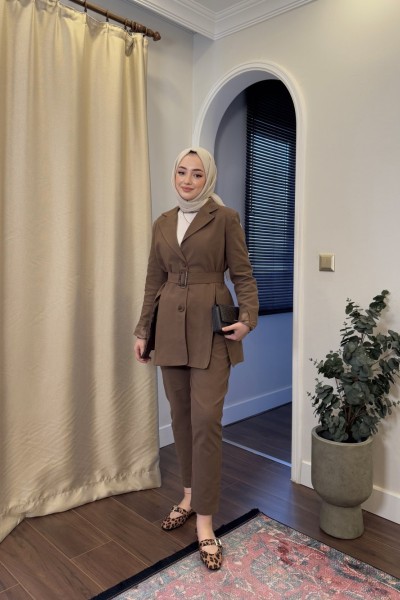 BBC YIRTMAÇLI KETEN TAKIM - KAHVERENGİ